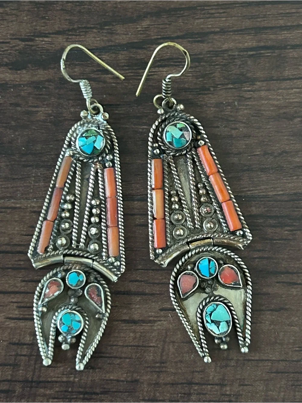 Vintage Turquoise and Coral Dangle Statement Tibethan Earrings